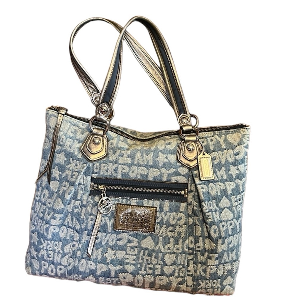 Coach Poppy Blue Denim with Silver Leather & Hardware Details. Original Hangtag